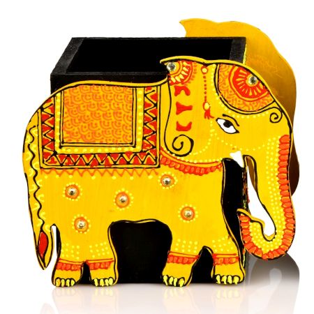 Handicraft Wooden Pen Stand Elephant - Yellow
